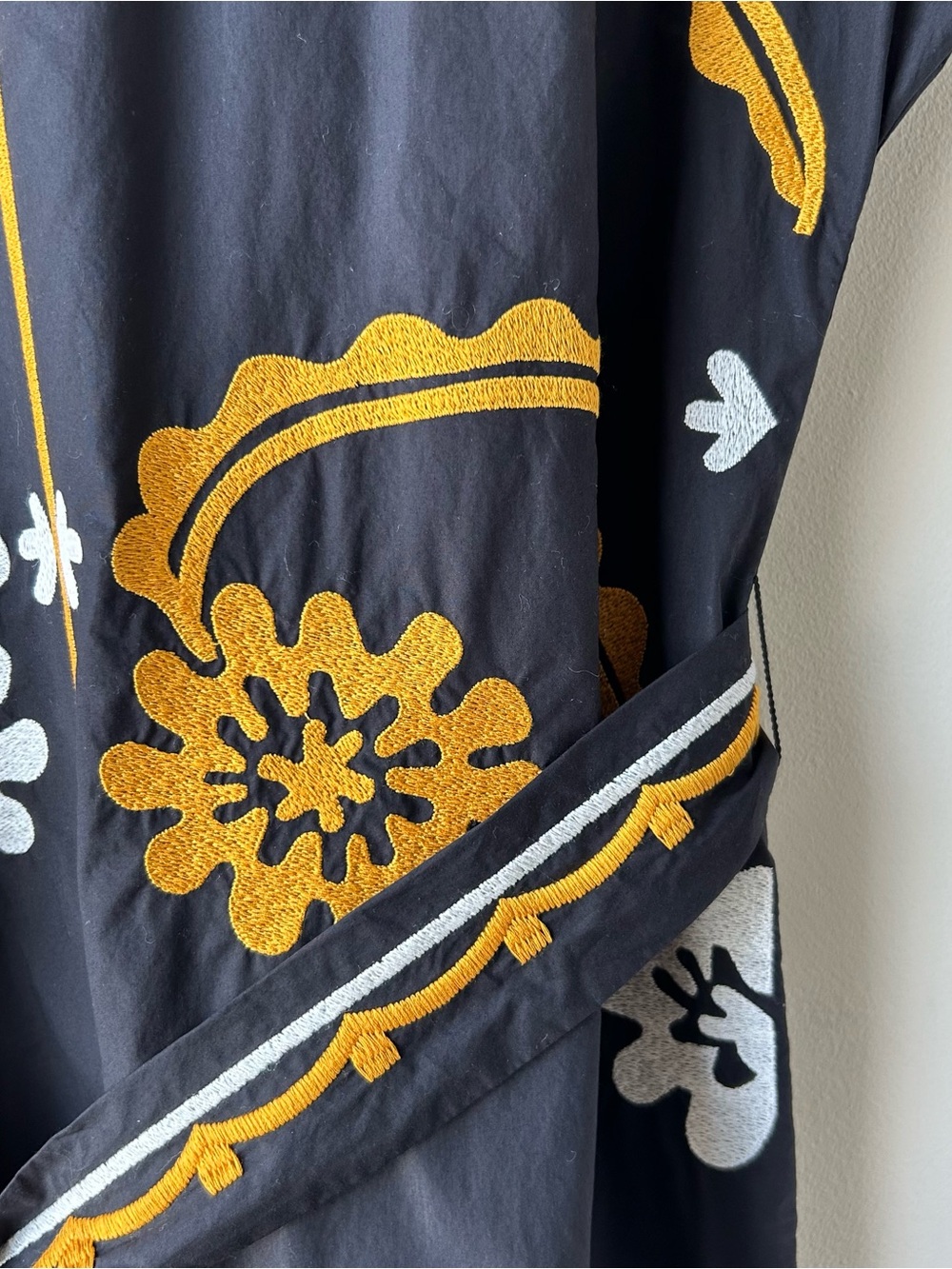 Tory Burch Embroidered Cotton Poplin Caftan Midi Dress Floral Black Gold White M - Picture 8 of 15